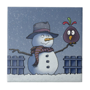 Schneemann mit Vogel Fliese