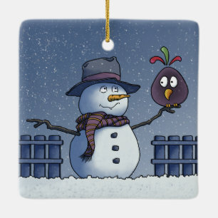 Schneemann mit Vogel Keramikornament