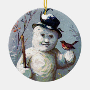 Schneemann mit Vogel und Zylinder Vintage-Ornament Keramikornament