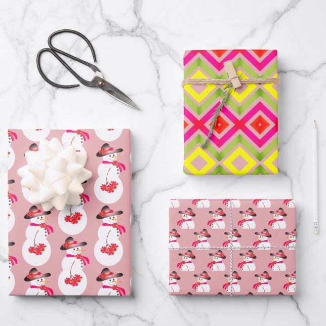 Schneemann mit weichem Rosa Geschenkpapier Set (Vorderseite)