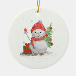 Schneemann mit Weihnachtsbaum Keramik Ornament