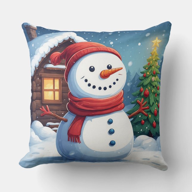 Schneemann mit Weihnachtsbaum Kissen (Vorderseite)