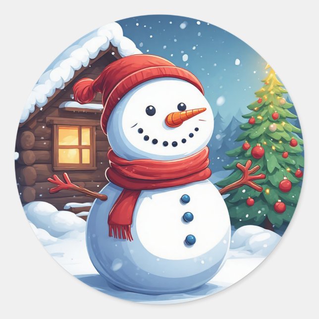 Schneemann mit Weihnachtsbaum Runder Aufkleber (Vorderseite)