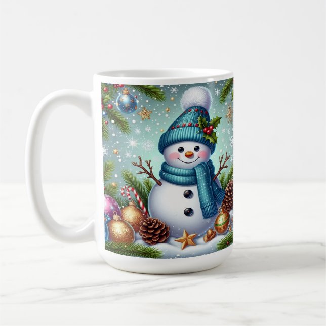 Schneemann mit Weihnachtsbaumschmuck, Schneeflocke Kaffeetasse (Links)
