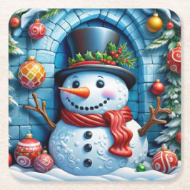 Schneemann mit Weihnachtsdeko - Rechteckiger Pappuntersetzer