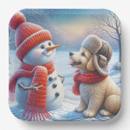 Schneemann mit Welpe Pappteller