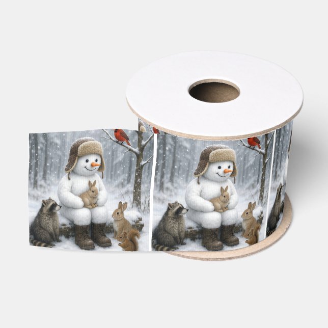 Schneemann mit winterlichen Waldtieren Ripsband (Spule)