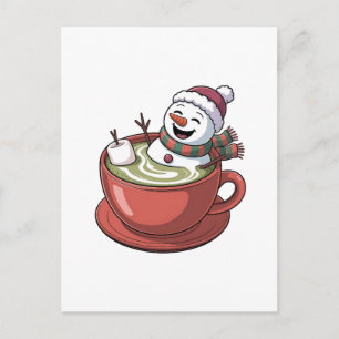 Schneemann nimmt ein Bad auf einem Matcha-Getränk  Feiertagspostkarte