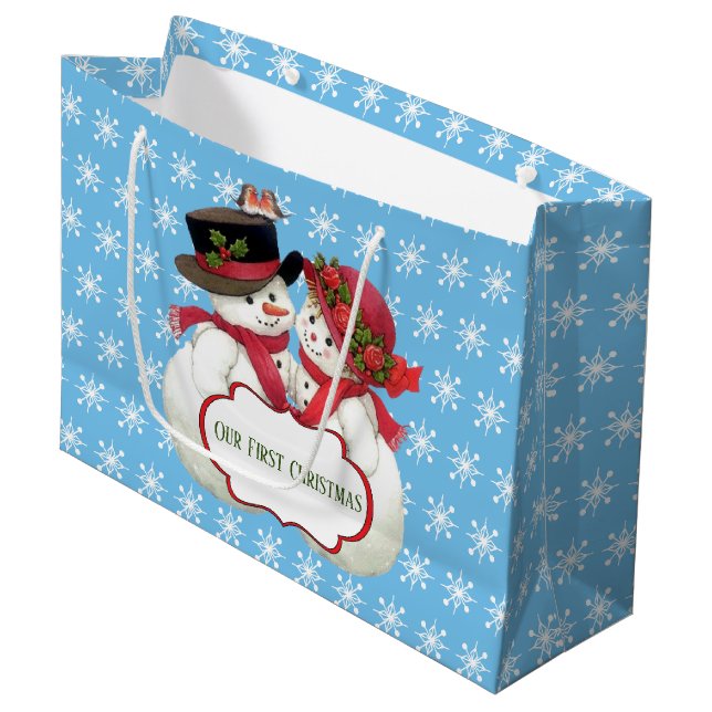 Schneemann-Paar, erstes Weihnachten Große Geschenktüte (Vorderseite Schrägansicht)