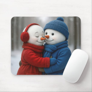 Schneemann-Paar umarmt sich im Winterwald Mousepad
