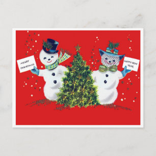 Schneemann-Paar und ein Weihnachtsbaum, vintage Postkarte