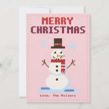 Schneemann Pink Pixel Art Weihnachtskarte