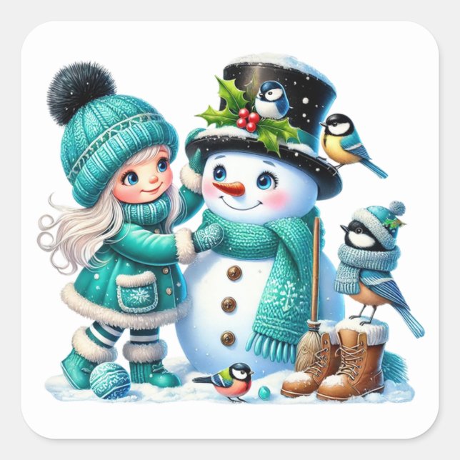 Schneemann Quadratischer Aufkleber (Vorderseite)