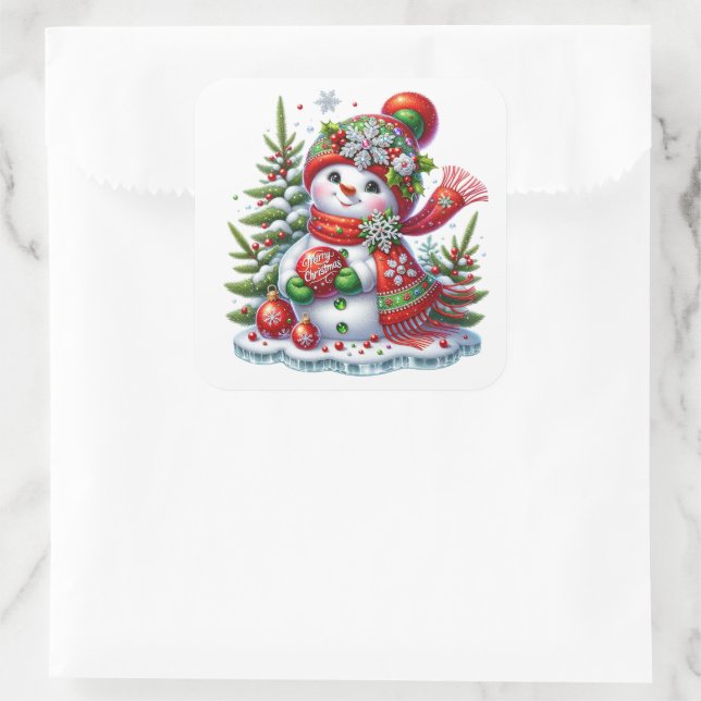 Schneemann Quadratischer Aufkleber (Tasche)