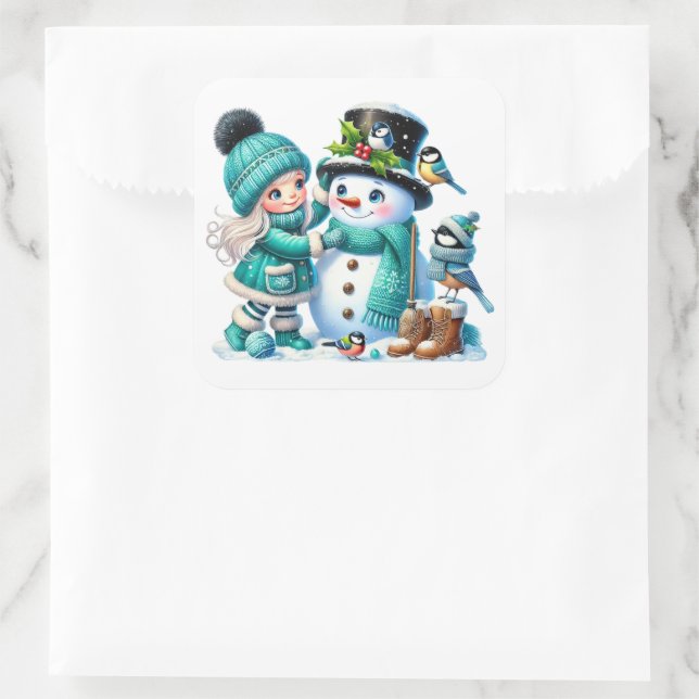 Schneemann Quadratischer Aufkleber (Tasche)