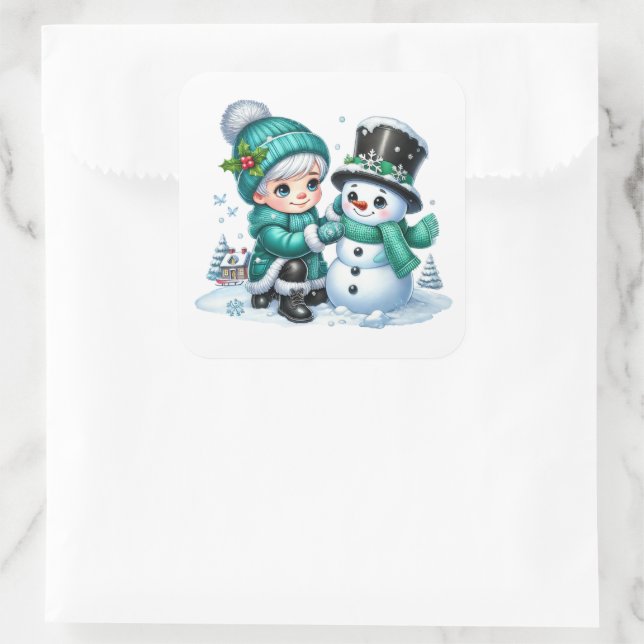 Schneemann Quadratischer Aufkleber (Tasche)