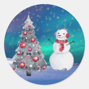 Schneemann rote Baum Aurora Wasserfarbe Weihnachte Runder Aufkleber