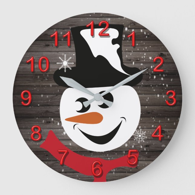 Schneemann rustikaler Holzschnee Große Wanduhr (Vorderseite)