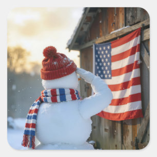 Schneemann salutiert eine amerikanische Flagge Quadratischer Aufkleber