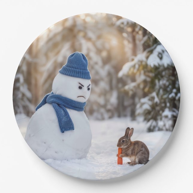 Schneemann schaut böse auf ein Kaninchen Pappteller (Vorderseite)
