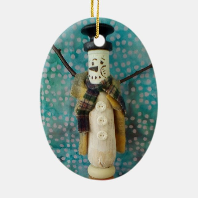 Schneemann-Schmuck aus Holz Keramik Ornament (Hinten)