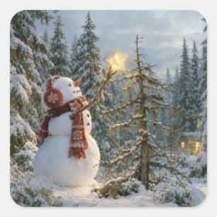Schneemann schmückt Weihnachtsbaum Quadratischer Aufkleber