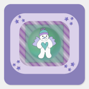 Schneemann-Schneengel-Violettes-Quadrat-Sticker Quadratischer Aufkleber