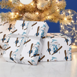 Schneemann Skifahren in Weiß Geschenkpapier