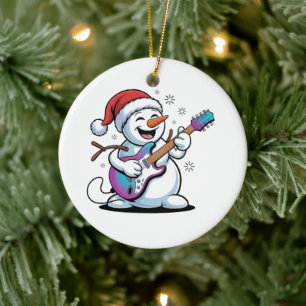 Schneemann spielt E-Gitarre Rock-Weihnachten Keramik Ornament