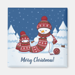 Schneemann strickt Weihnachts-Schal Magnet