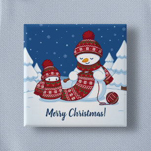 Schneemann strickt Weihnachtsschal Button