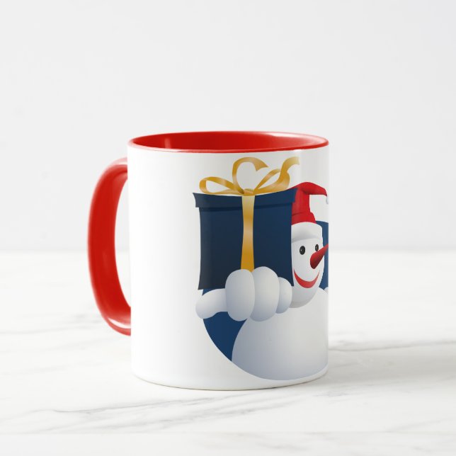 Schneemann übergibt Geschenk... Tasse (Vorderseite Links)