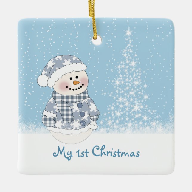 Schneemann-und Baum Babys 1. Weihnachten Keramikornament (Vorderseite)