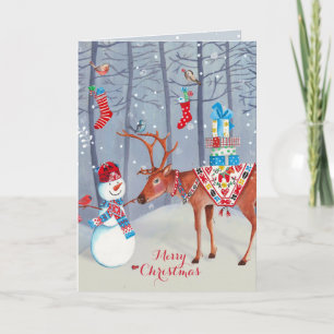 Schneemann und der Elch Weihnachtsgrußkarte Feiertagskarte