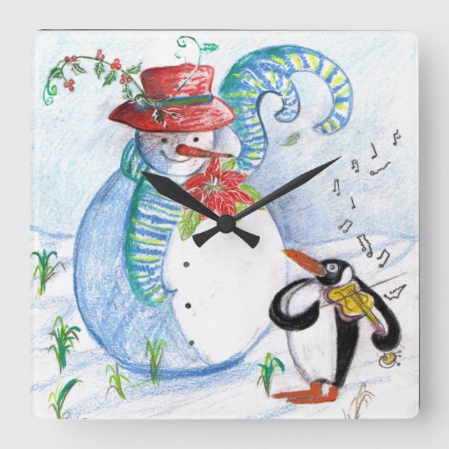 SCHNEEMANN-UND des PINGUINS WINTER SERENADE Quadratische Wanduhr (Vorderseite)
