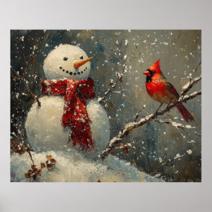 Schneemann und ein Kardinal-Ölgemälde Poster