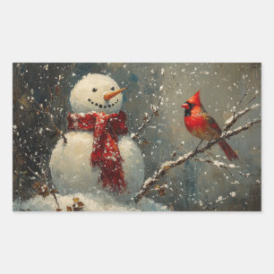Schneemann und ein Kardinal Ölgemälde Rechteckiger Aufkleber