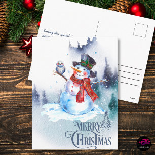 Schneemann und Eule Wasserfarbe Winterlandschaft W Feiertagspostkarte