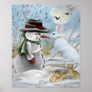 Schneemann und Kaninchen fressen Karottendruck Poster