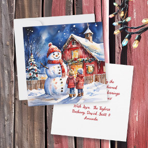Schneemann und Kinder Vintage-Bauernhof Weihnachte Karte
