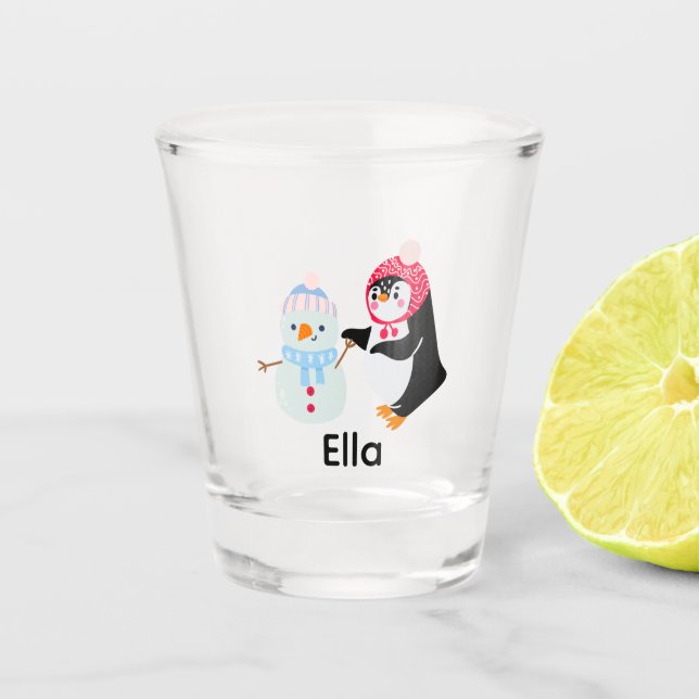 Schneemann und Pinguin erfroren Schnapsglas (Vorderseite)
