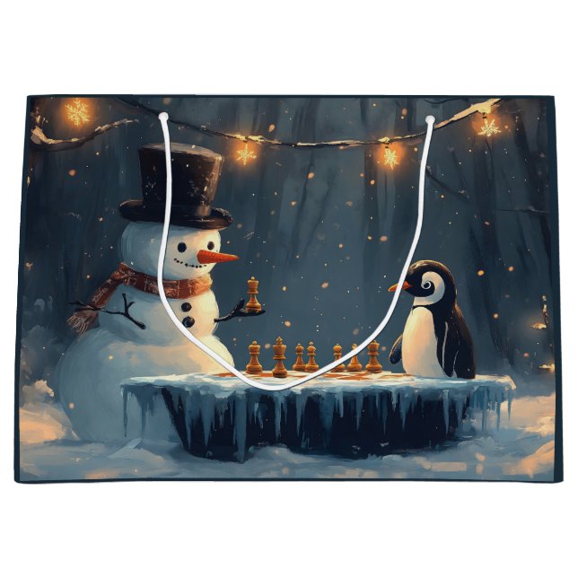 Schneemann und Pinguin spielen Schach Große Geschenktüte (Vorderseite)