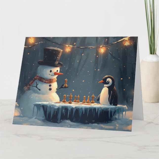 Schneemann und Pinguin spielen Schach Karte (Vorderseite)
