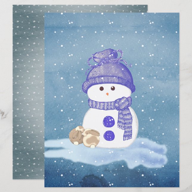 Schneemann und schlafende Hasen Scrapbook Papier (Vorne/Hinten)