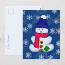 Schneemann und Schneeflocken. Frohe Weihnachten
