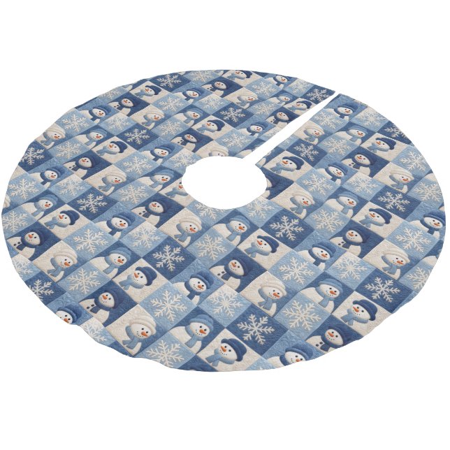 Schneemann-und-Schneeflocken-Quiltmuster Polyester Weihnachtsbaumdecke (Schrägansicht)