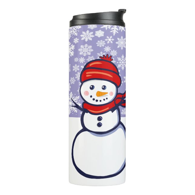 Schneemann und Schneeflocken Stein Untersetzer Thermosbecher (Nach links gedreht)
