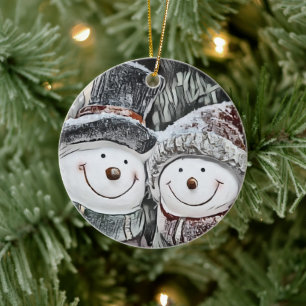Schneemann und Schneefrau zeichnend Keramik Ornament
