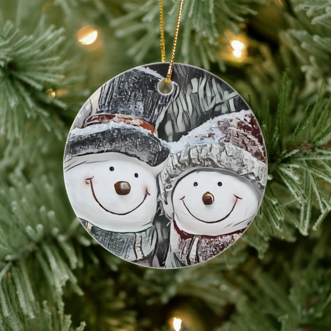 Schneemann und Schneefrau zeichnend Keramik Ornament (Baum)