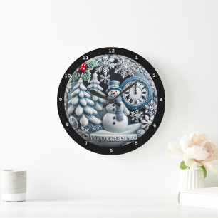 Schneemann- und Winterwaldlandschaft mit Weihnacht Große Wanduhr